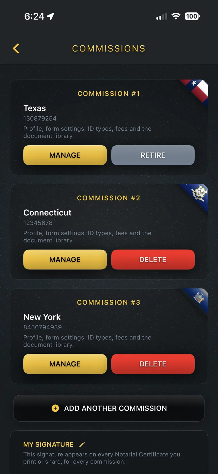 My Notary Book app showing three notary commissions for different states on an iPhone