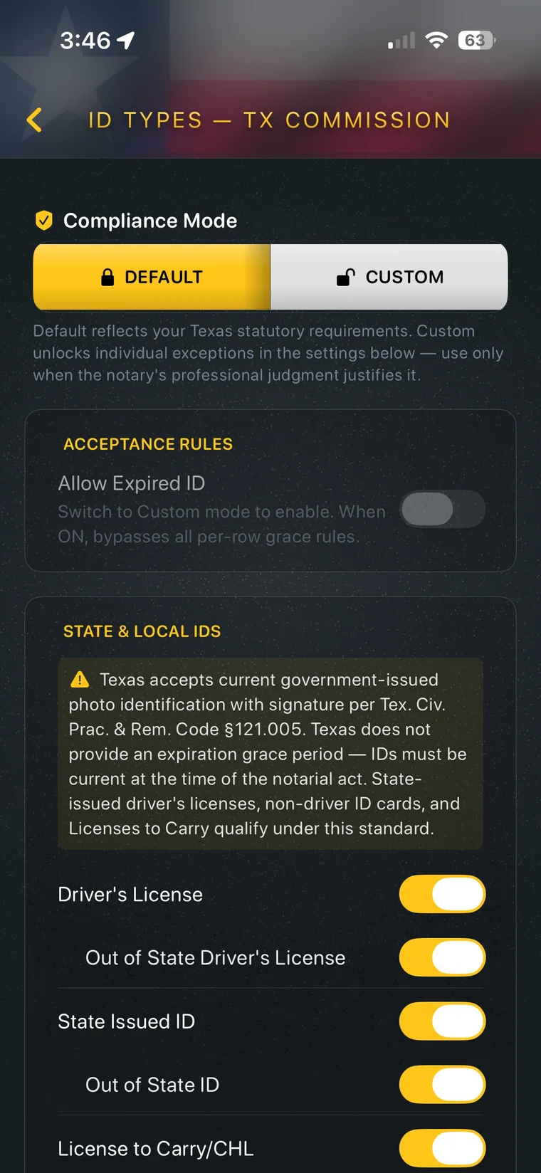My Notary Book app showing Texas ID acceptance rules on an iPhone